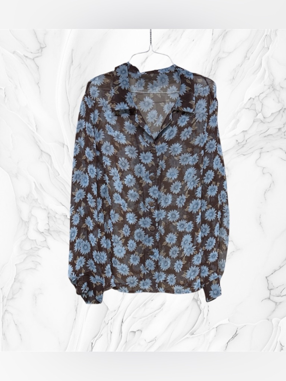 Lightweight Floral Button-Up Blouse sheet Blue Floral on Brown size 2X